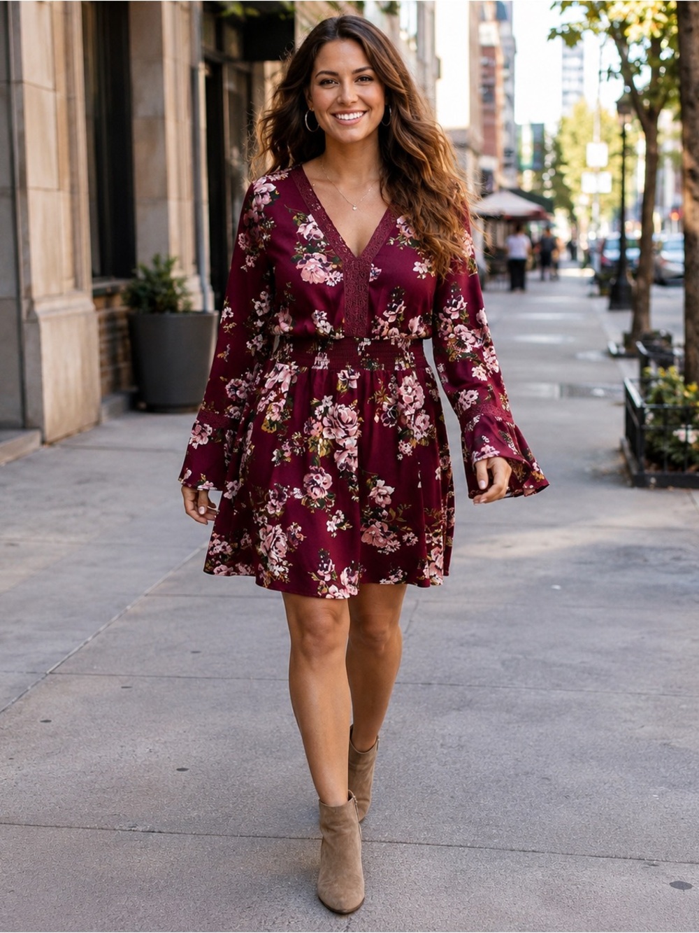 NWT Xhilaration Burgundy Floral Bell Sleeve Dress Size Large Boho